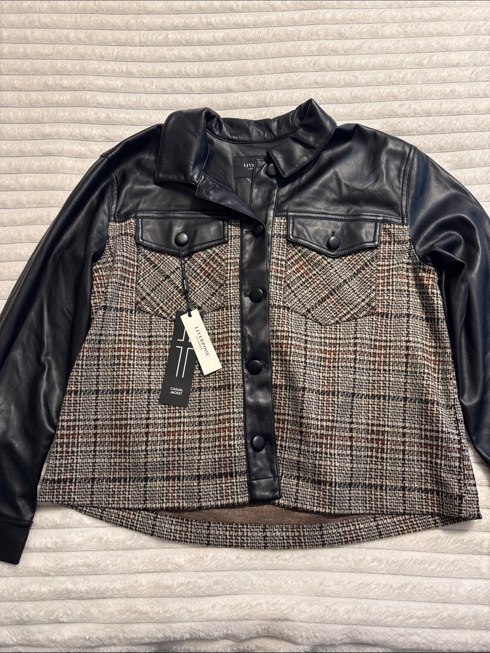 Mixed-Media Plaid Trucker Jacket with Black Faux Leather
